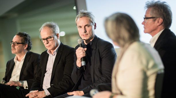 On the panel (left to right) Udo Kittelmann, Pierre de Meuron, Ascan Mergenthaler and Arno Lederer, moderation by Claudia Henne